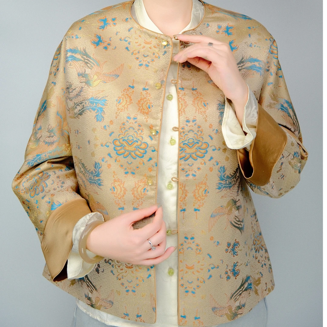 新款夏季外搭春秋宋锦桑蚕丝凤凰于飞新中式国风复古提花中时尚