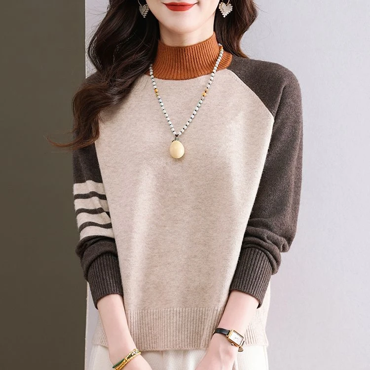 秋冬新款半高领洋气拼色针织毛衣女士减龄短款内搭加厚套头打底衫