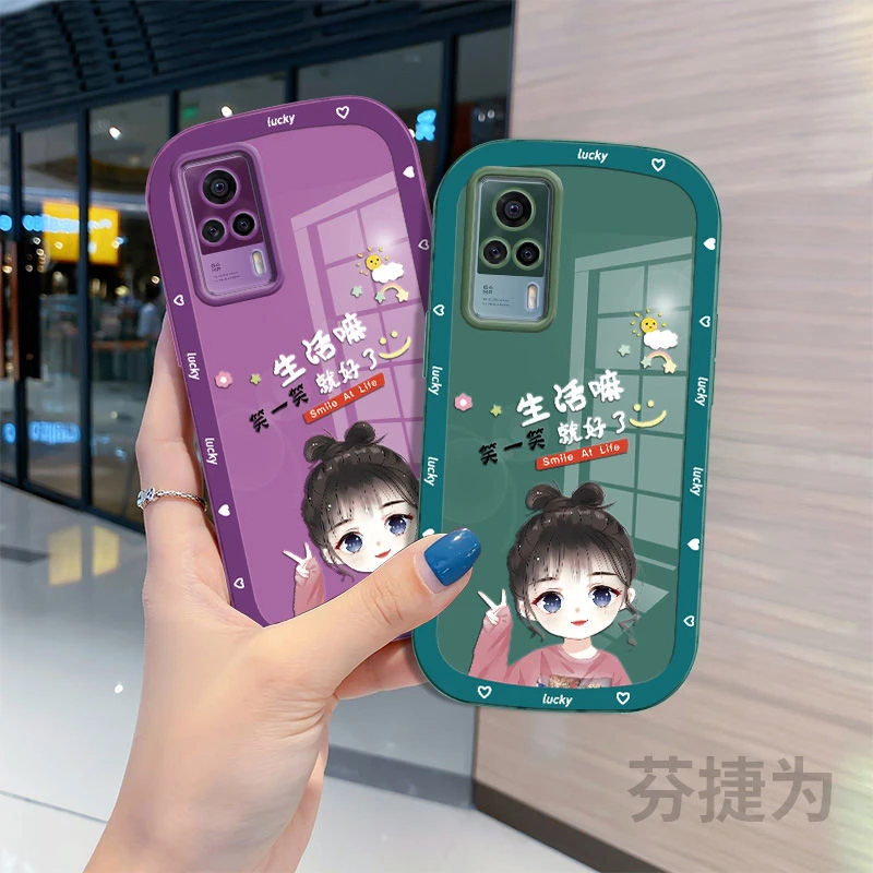 适用VIVOS9E手机壳马卡龙彩色半透明网红四边带气囊壳爱笑女孩