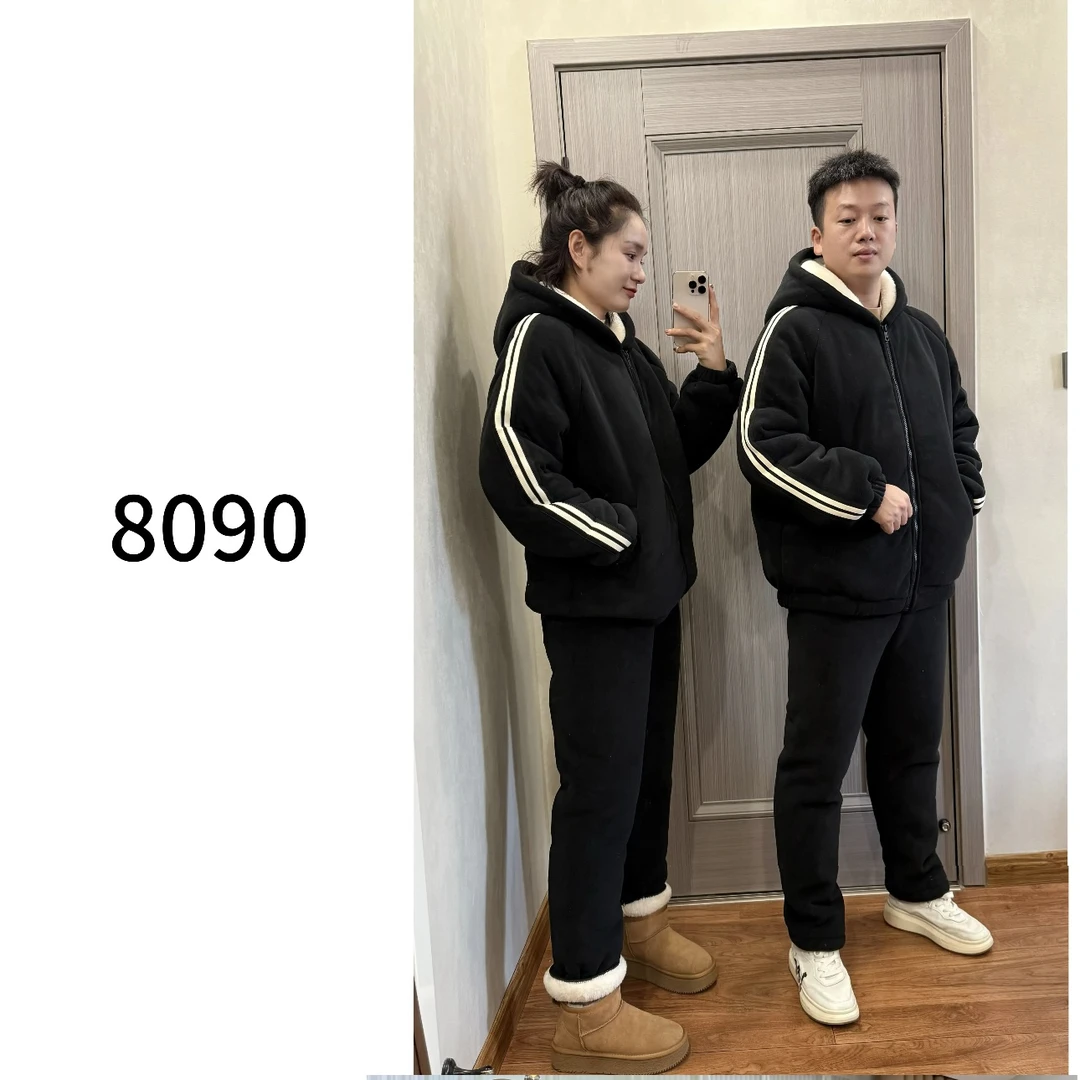 8090暖居男女情侣双杠海豚绒三层夹棉加厚睡衣套装冬季外穿家居服