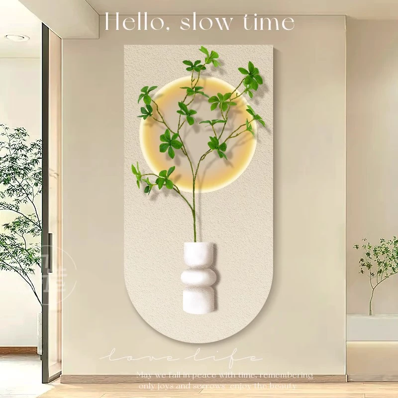 奶油风客厅感绿植砂岩壁灯灯光过道挂画画走廊装饰画玄关立体奶油