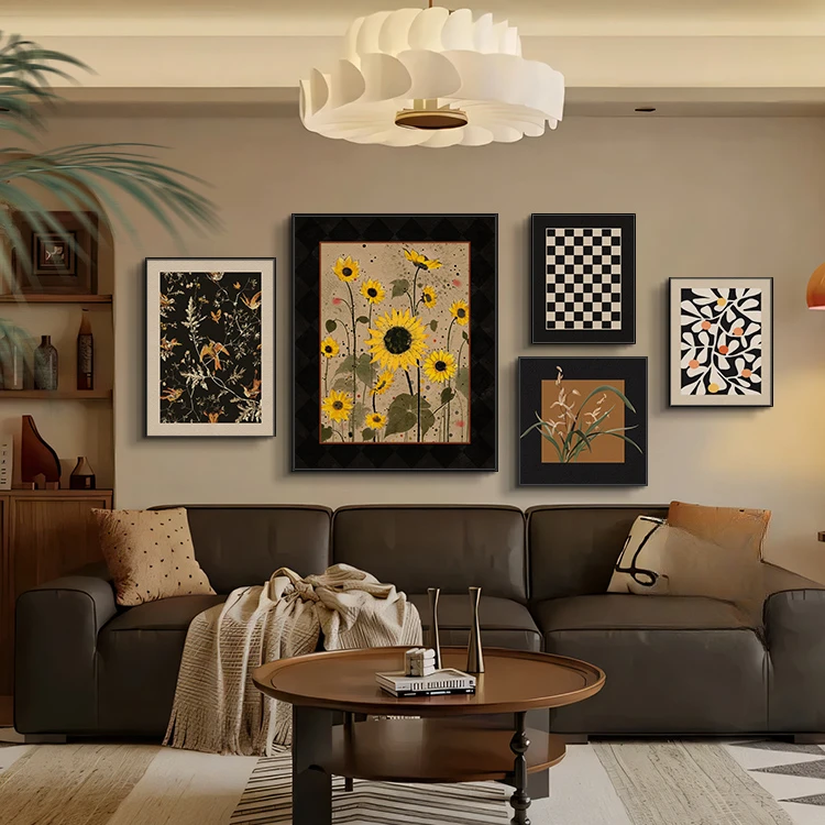 中古风客厅装饰画法式复古组合挂画美式高级感花卉沙发背景墙壁画