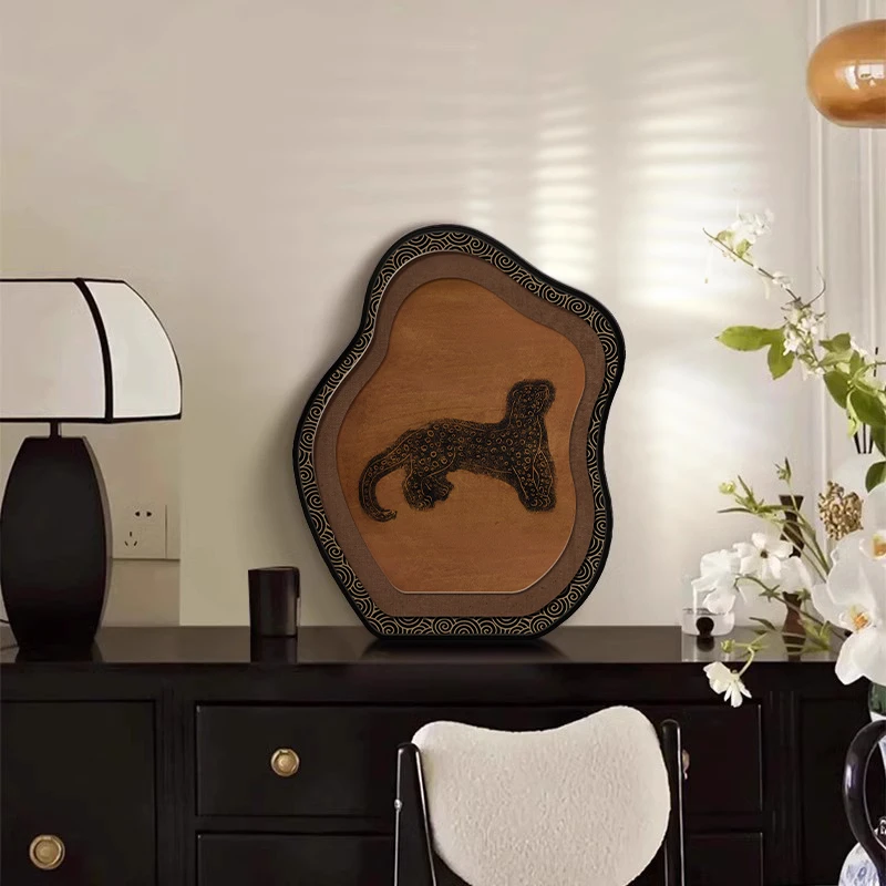 简约壁画挂画餐厅山水画玄关画轻奢高档大气中古风摆画豹装饰画柜