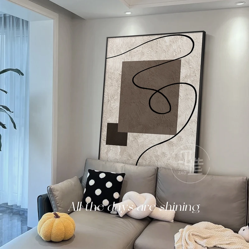 高档侘寂风极简沙发背景墙抽象装饰画感玄关挂画线条客厅落地画