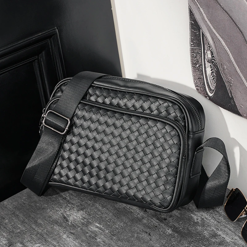 时尚手工编制男士单肩包简约潮男小方包轻商务男士单肩包ipad挎包