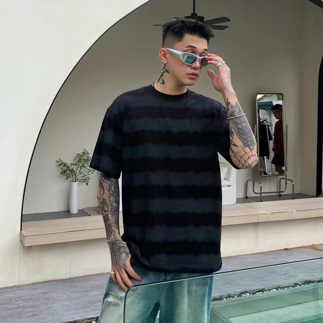 【好的服饰工作室】春款重磅条纹撞色拼色短袖圆领T恤上衣男 33809