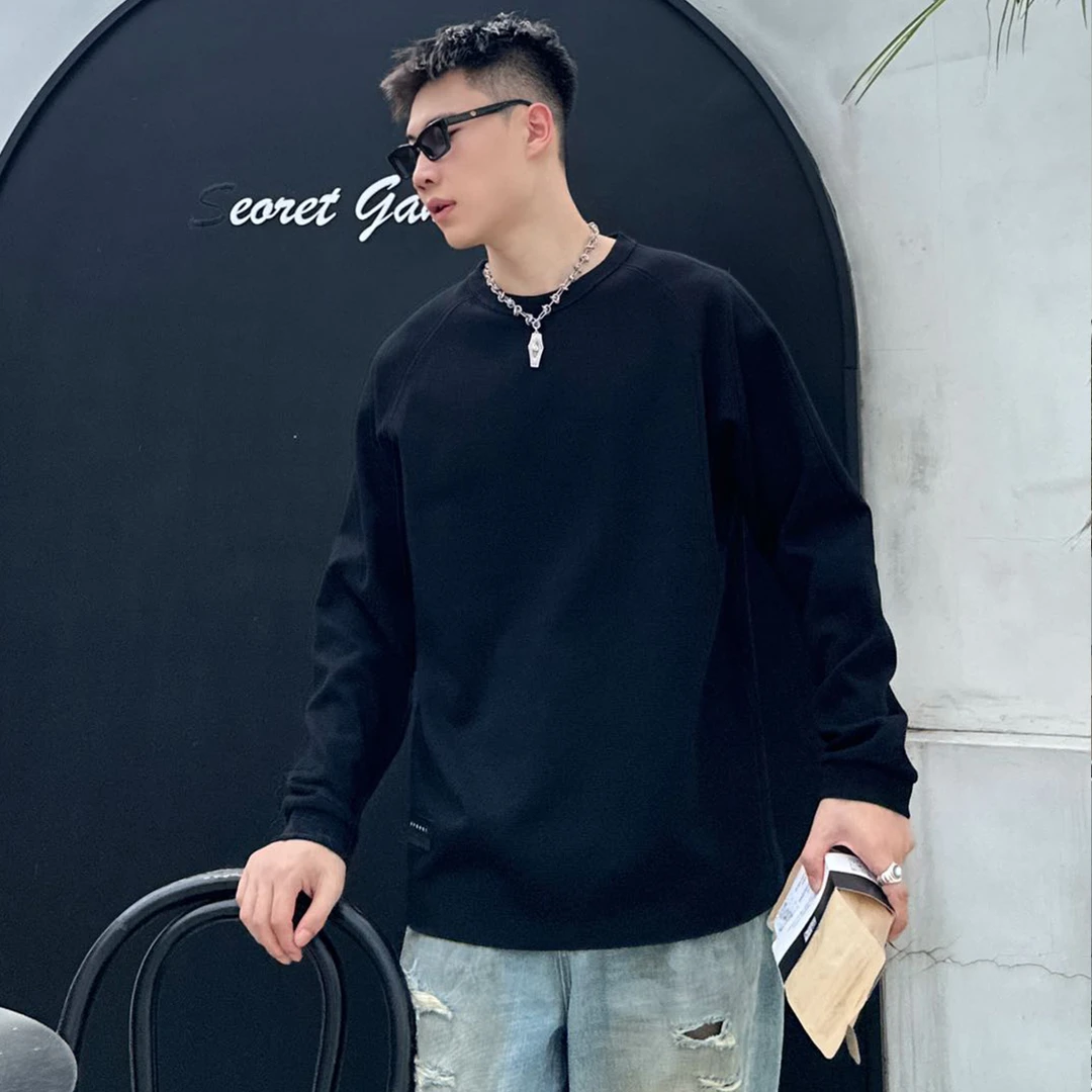 【好的服饰工作室】秋款格纹圆领宽松百搭长袖卫t男净版休闲 86722