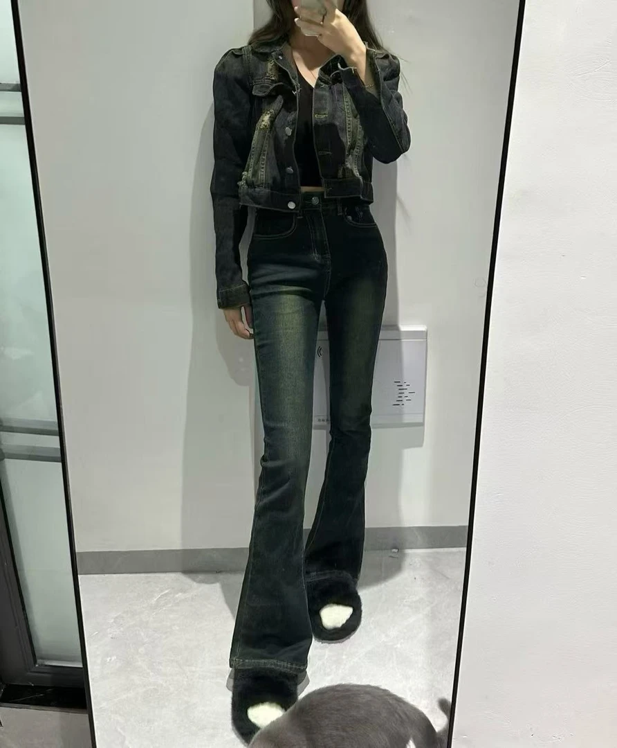 9女高腰后现代风牛仔裤加绒女士时尚长裤弹力百搭裤子