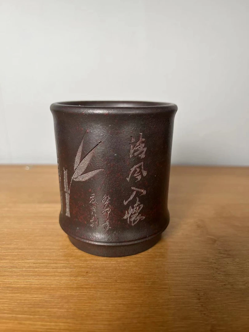 高档紫砂茶杯茶具全手工原矿石红高温柴烧刻绘竹节紫砂杯