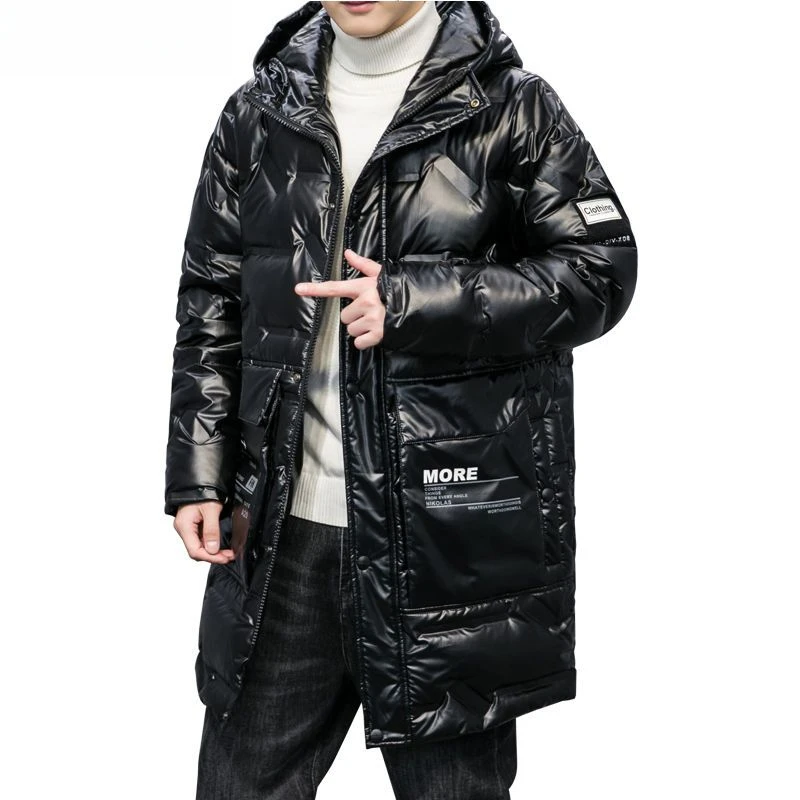 羽绒服男士洋气亮面免洗羽绒衣百搭连帽白鸭绒羽绒中长款青年外套