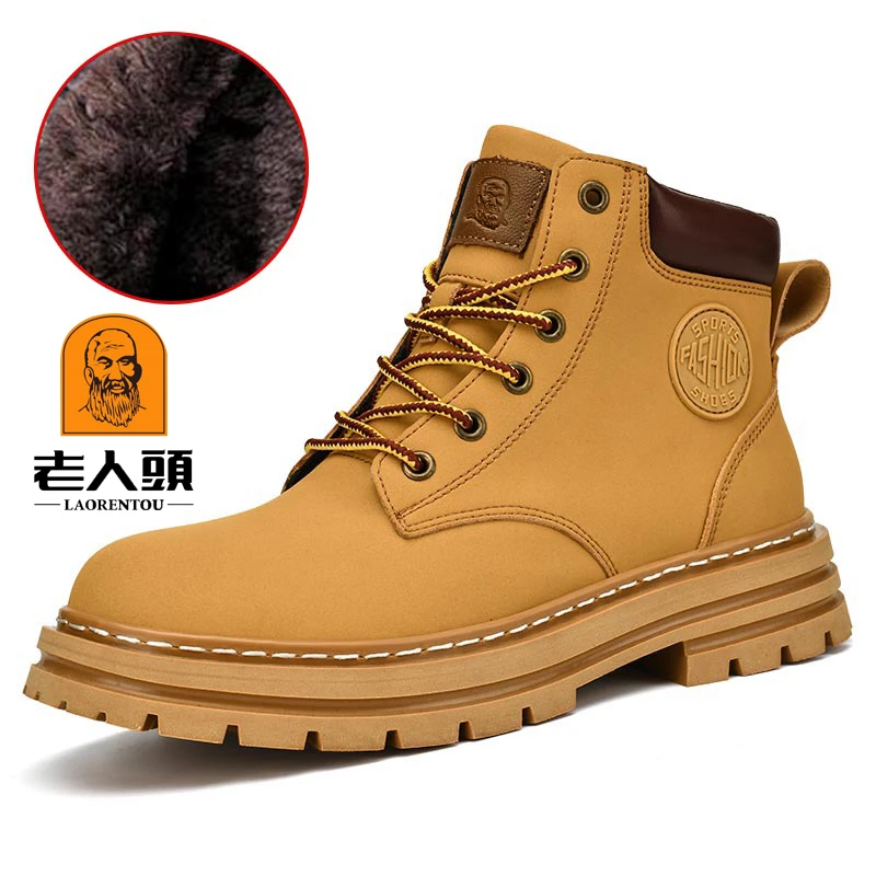 老人头情侣款马丁靴真皮高帮冬季大黄靴大码靴子48户外保暖雪地靴