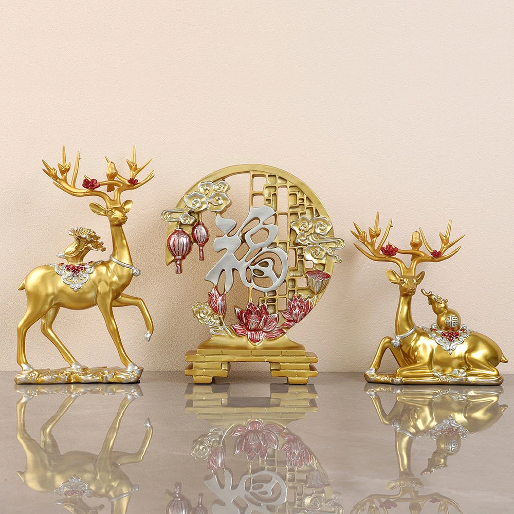 鹿鹿高升玄关客厅轻奢欧式麋鹿高档家居桌面轻奢三件套福鹿摆件