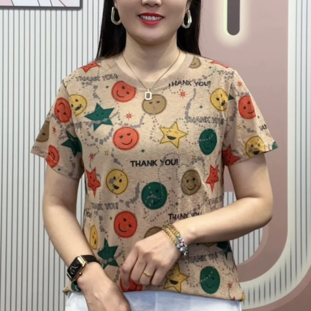 新款短袖洋气时尚百搭款小衫显瘦圆领半袖016笑脸