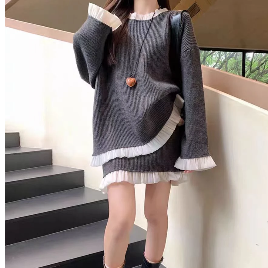 设计感花边拼接毛衣配百搭半身裙子套装女24年秋冬新款时尚两件套