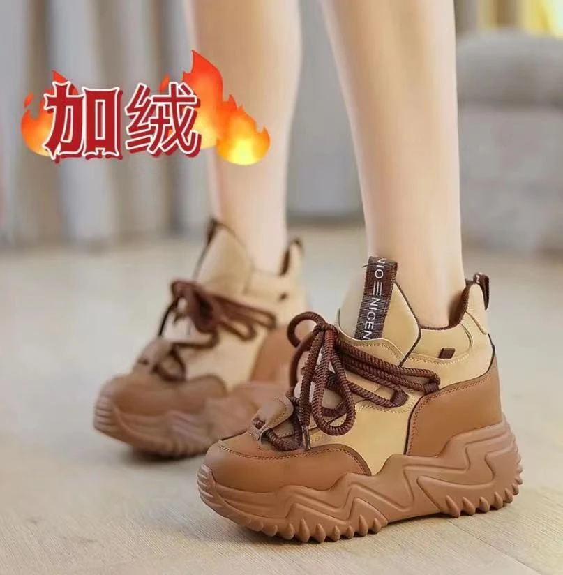 厚底增高女鞋 2023秋冬新款小个子百搭 加绒系带拼色运动老爹鞋女