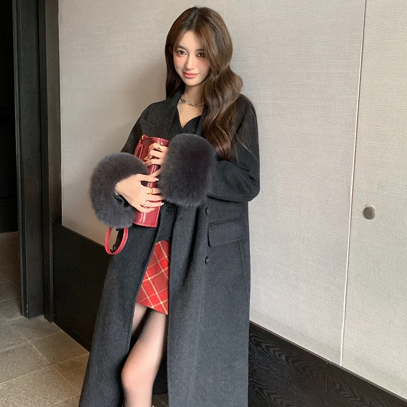 黑金假两件西装领双面羊毛大衣女网红长款过膝韩版秋冬保暖外套