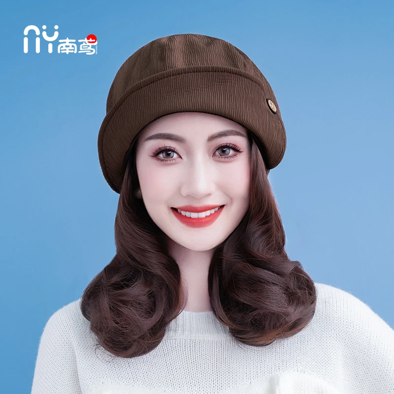 假发帽子一体时尚新款秋冬季女款短卷发贝雷帽短发帽子假发可拆卸