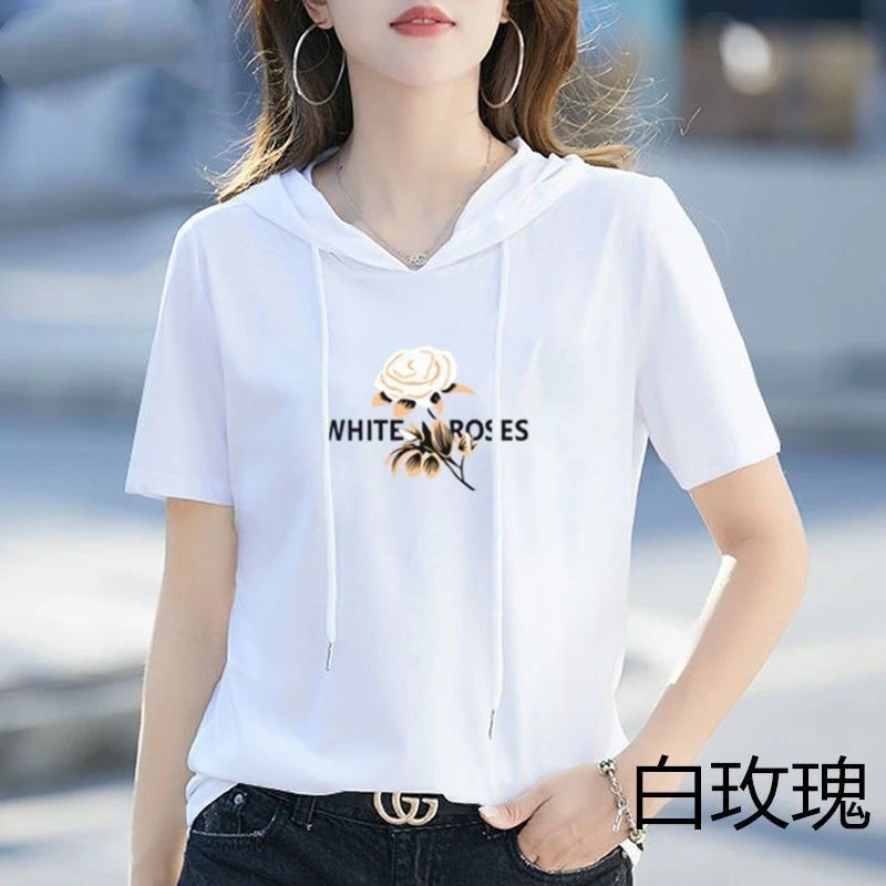夏季印花棉短袖恤女年夏新款宽松休闲上衣连帽卫衣潮白色纯棉韩版