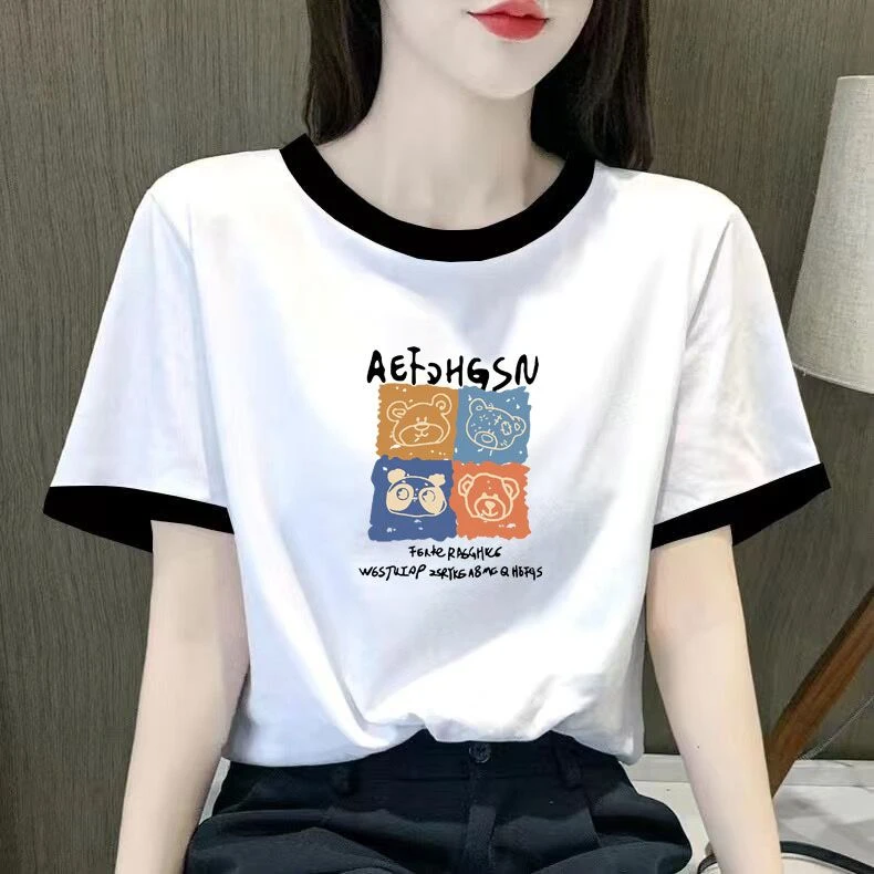 拼接体恤新款夏季纯棉女士T恤短袖高档T恤女黑领白t潮流韩版