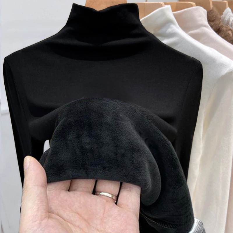 美拉德T恤加绒加厚半高领打底女春秋新款洋气时尚韩版