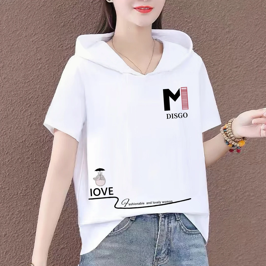 连帽白色短袖卫衣女夏季薄款新款带帽桖t上百搭体恤