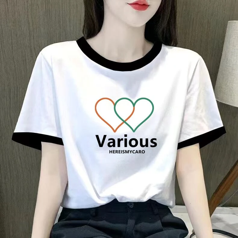夏季新款女士T恤短袖T恤女黑领白t潮流韩版百搭