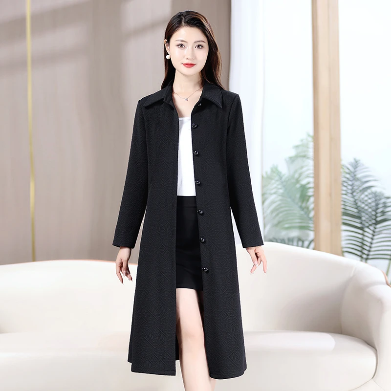 高端秋季新款妈妈装风衣长款过膝纯色外套中老年女气质女品质大衣