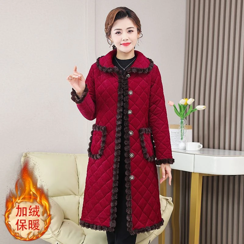 纯色加绒加厚妈妈装棉衣过膝长款中老年女装米白色绒时尚薄款网红