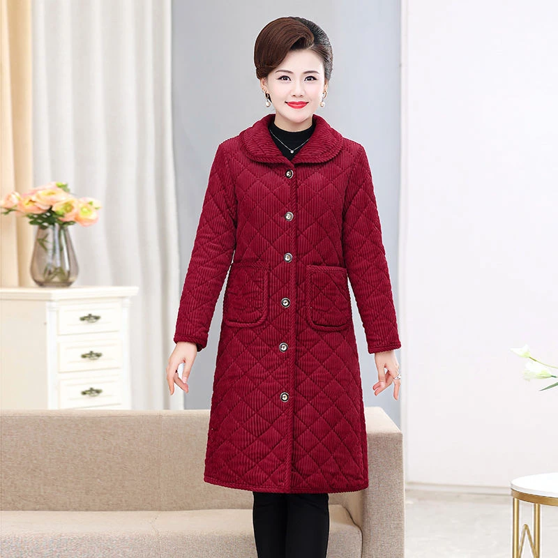 冬季中老年棉袄翻领纯色棉衣外套女秋冬季加绒加厚妈妈装长款过膝