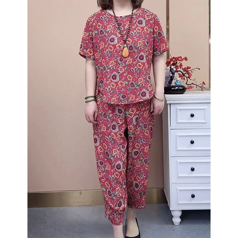 中老年女装妈妈上衣夏季新款短袖套装时尚洋气宽松显瘦休闲两件套