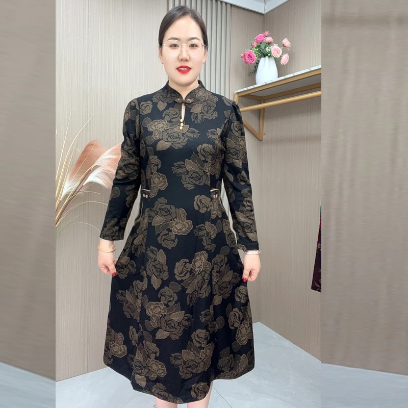 裙子2024秋季新款改良中式旗袍气质长袖连衣裙修身印花显瘦优雅