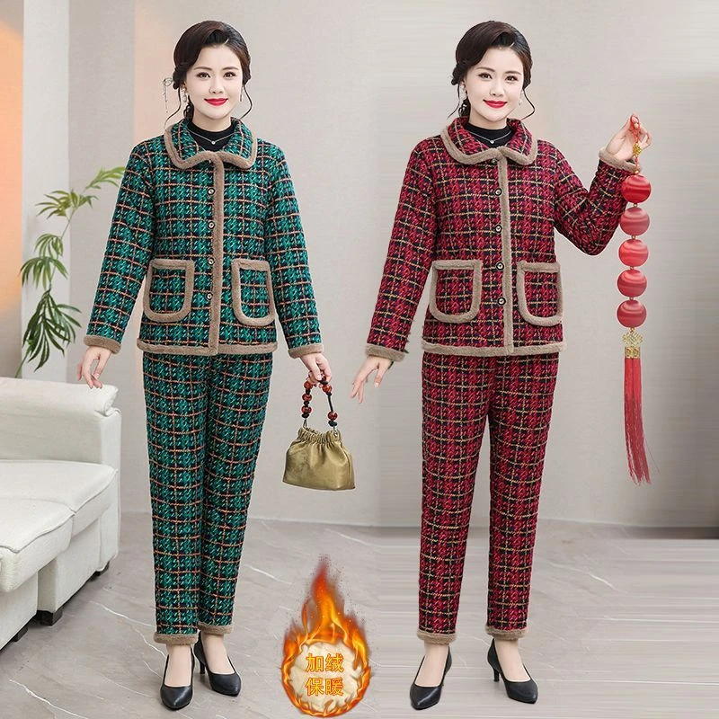 中老年冬季妈妈棉服套装加绒棉衣外套加厚格子棉裤两件套女装棉袄