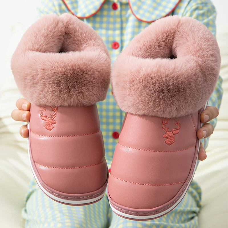 棉鞋PU皮面防水女士包跟棉鞋室内毛毛保暖加厚底棉拖鞋男秋冬月子