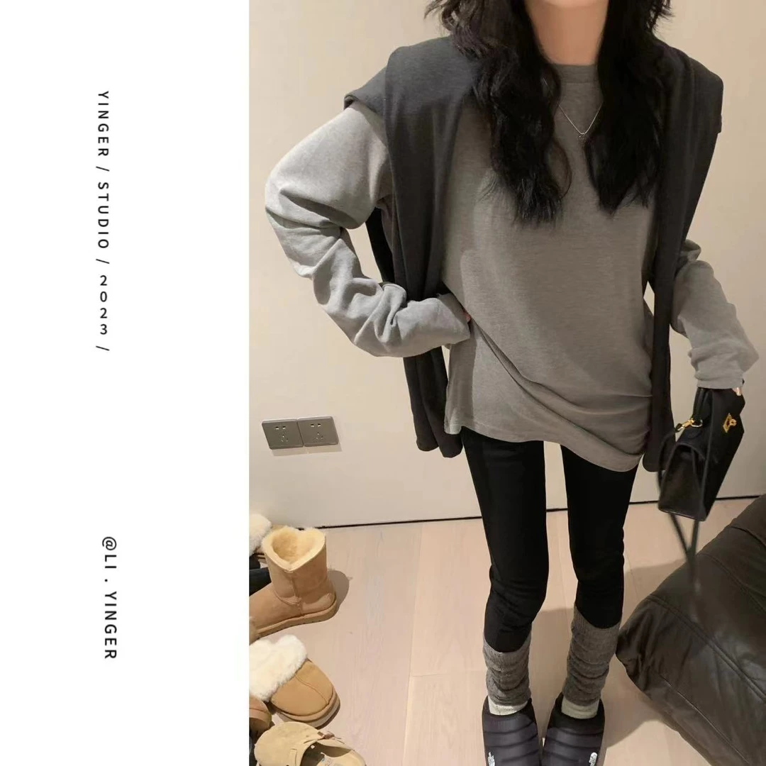 现货 宽松时尚休闲百搭圆领长袖T恤打底衫 8012