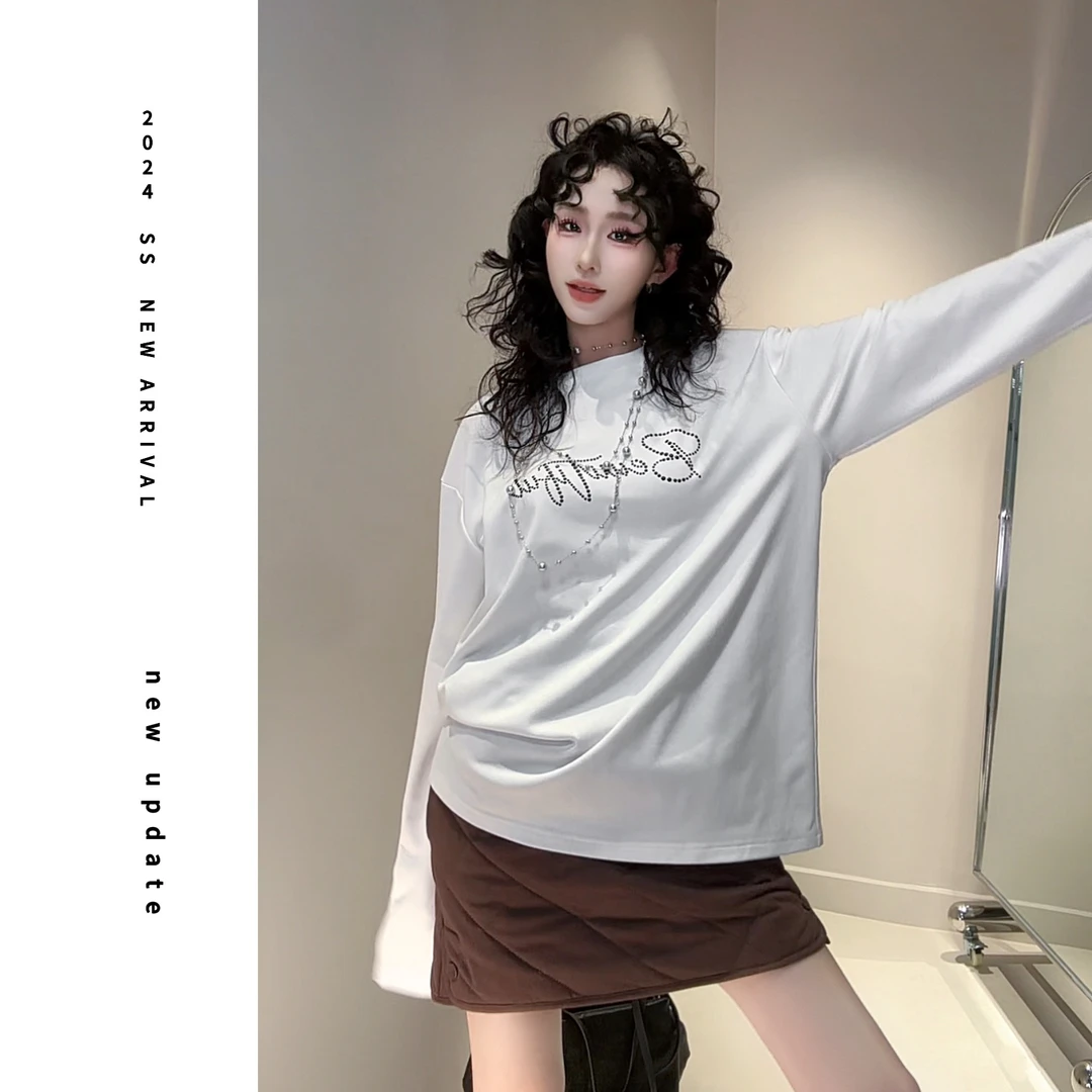 【颖子定制】午茶小调~秋冬圆领磨毛打底衫字母烫钻T恤上衣 6537