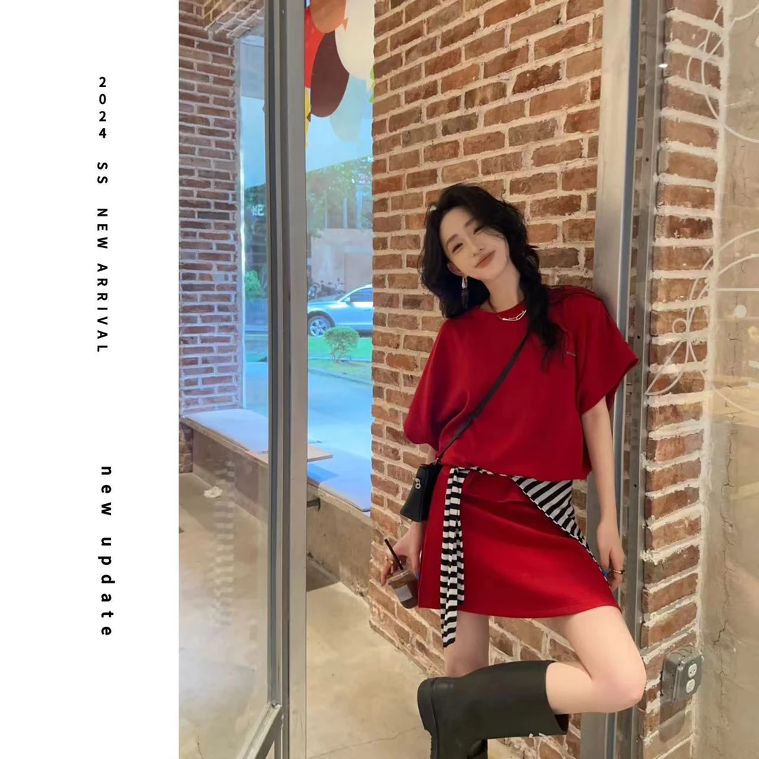 现货【颖子定制】夏日清凉休闲时尚百搭宽松时尚T恤裙裤套装 6390