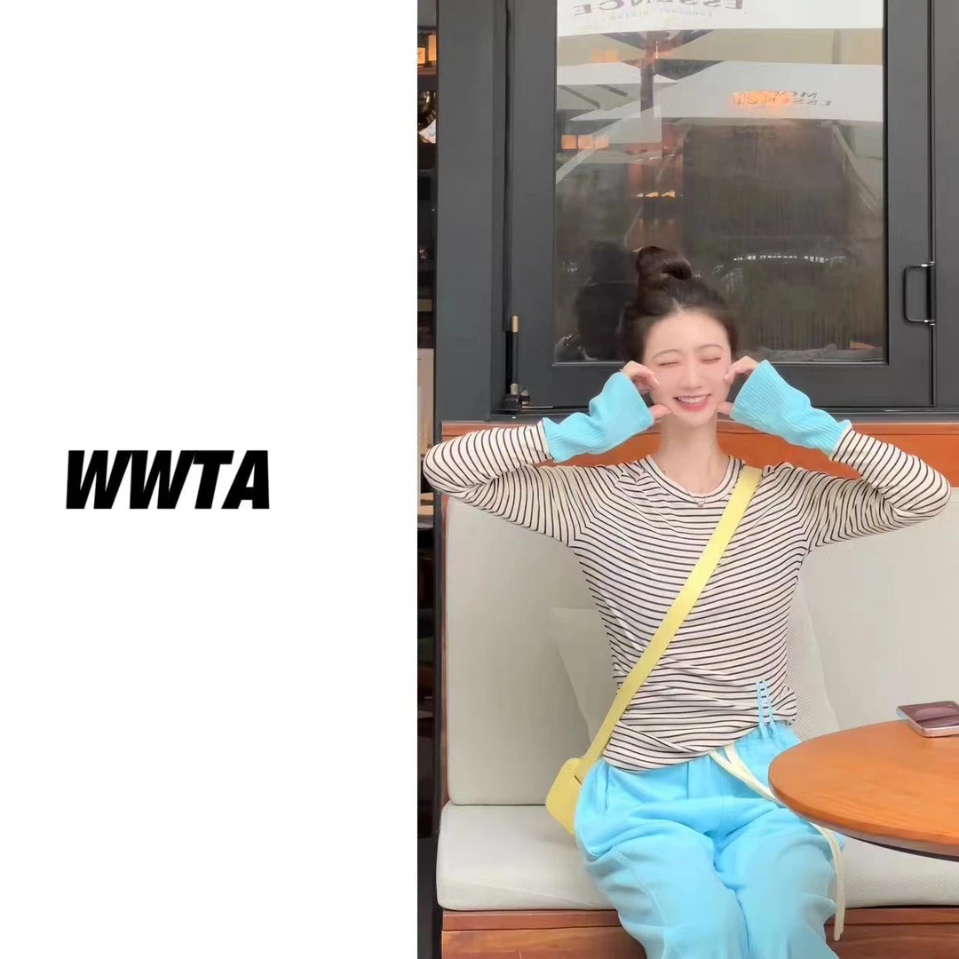 清清~时尚百搭休闲潮流条纹撞色T恤长裤 8125