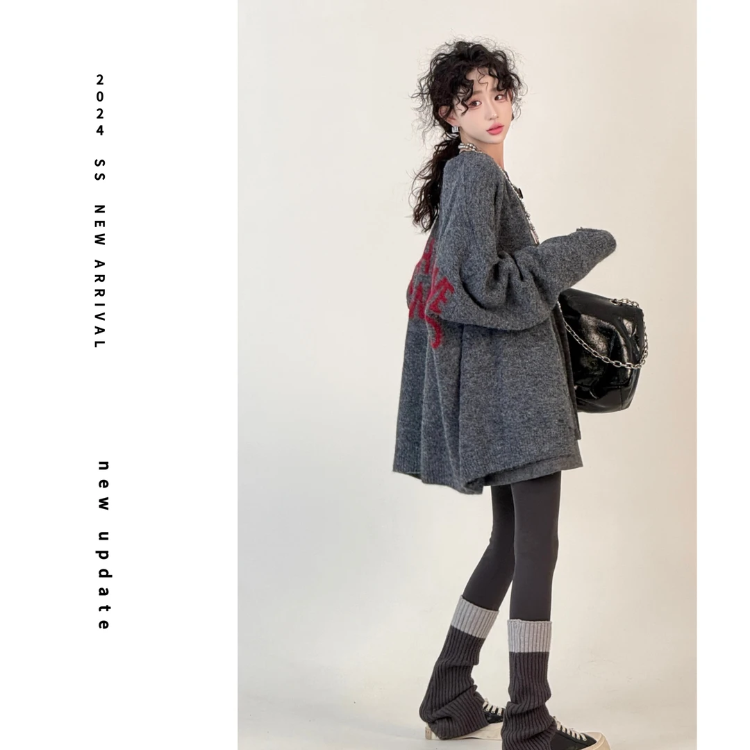 现货【颖子定制】西野暮色~秋冬圆领字母毛衣开衫宽松显瘦上衣 6511