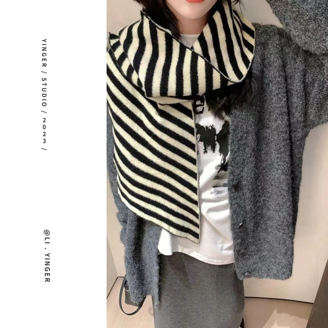【气质围巾】百搭时尚休闲针织保暖条纹围巾 6046
