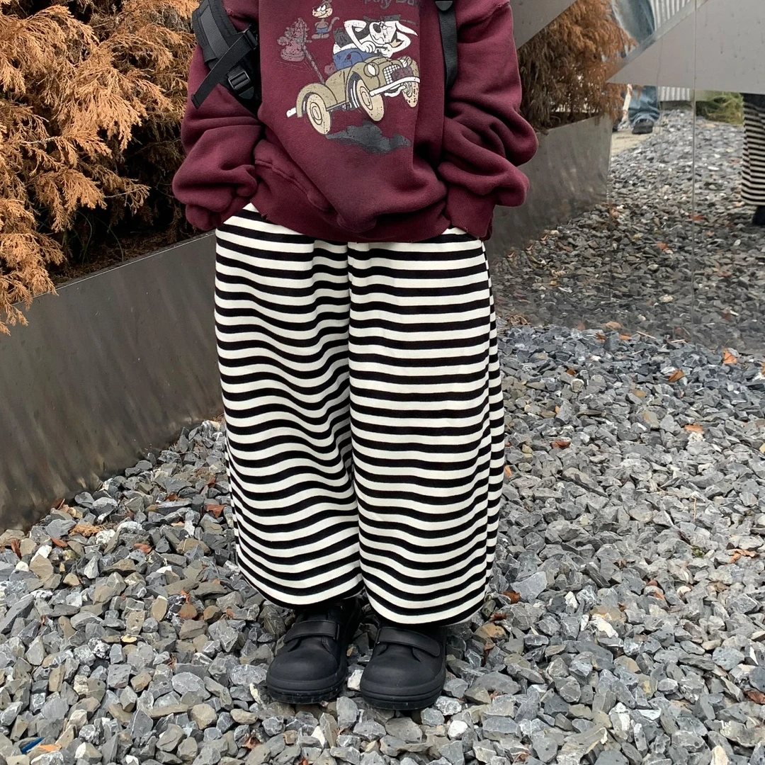 HY24106-2025秋冬季新款加绒条纹裤儿童时尚百搭宽松韩版束脚阔腿