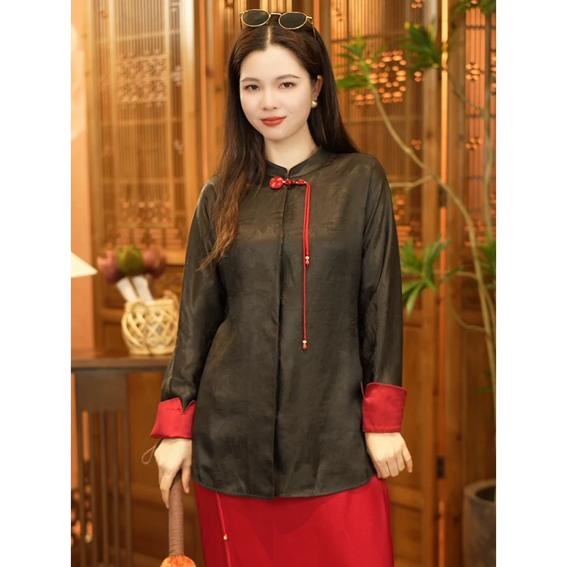 《红豆》香云纱 衬衫 老料 桑波段 22姆长袖新中式女士气质短款