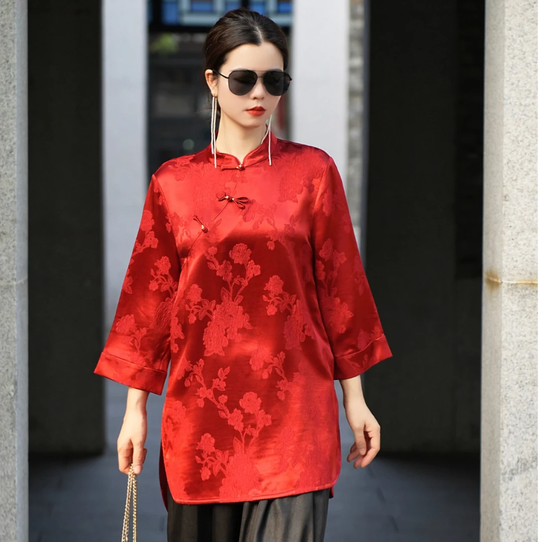 《鸿运当头》桑蚕丝 衬衫 龙纹冠乐绉 新中式长袖红色长款民国风