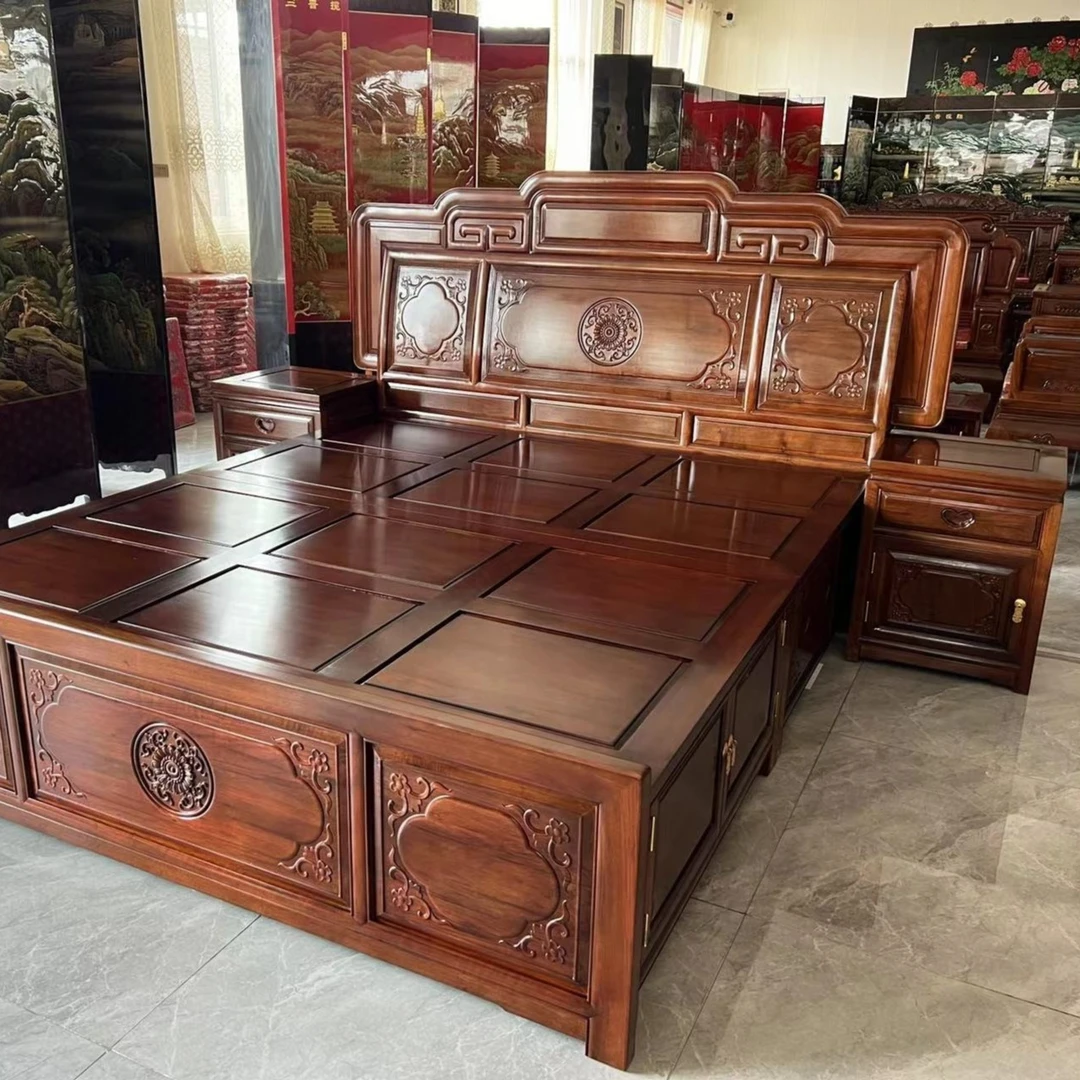 永芳古典家具 核桃木团花双人床