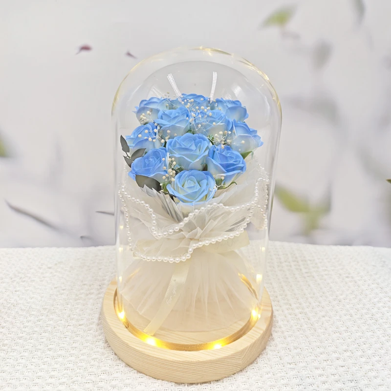 情人节三八节送女友母亲节浪漫生日礼物花束香皂花永生花玻璃灯罩