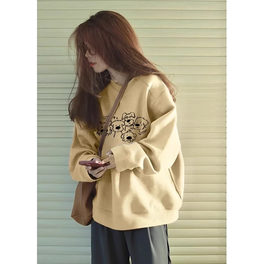 加绒加厚黄色卫衣女秋冬2024新款宽松小众设计感慵懒风无帽上衣潮