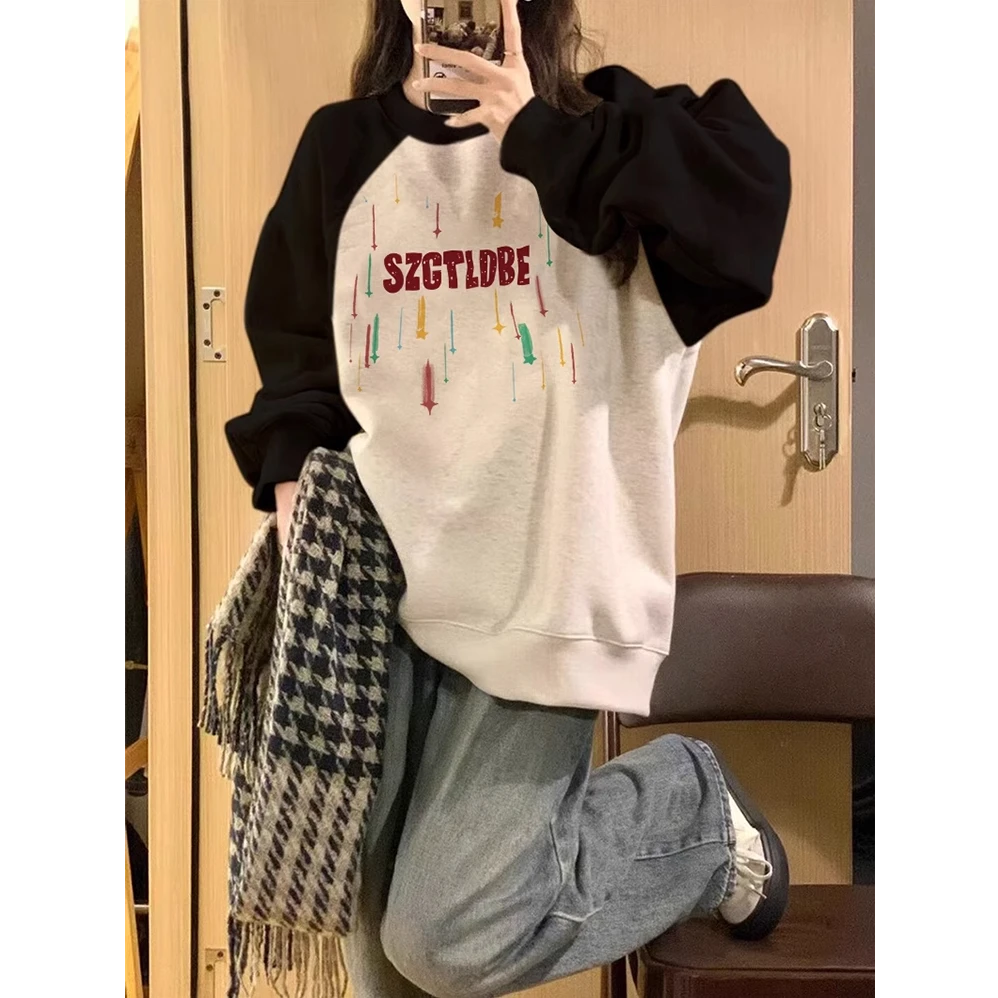 拼色插肩卫衣女圆领宽松秋冬加绒加厚设计感小众oversize上衣长袖