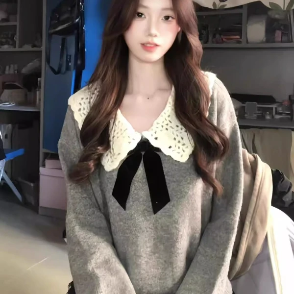 灰色娃娃领蝴蝶结绵羊毛衣女秋冬新款韩系慵懒针织上衣毛衣针织