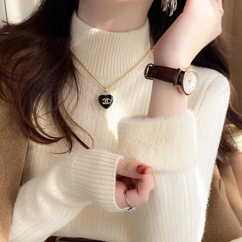 软糯高领针织衫女2024秋季新款韩系内搭慵懒风加绒保暖上衣打底衫