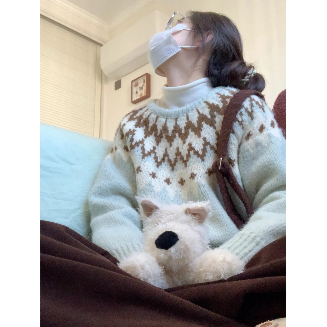 费尔岛撞色提花毛衣女秋冬宽松慵懒风高级感套头长袖针织衫上衣