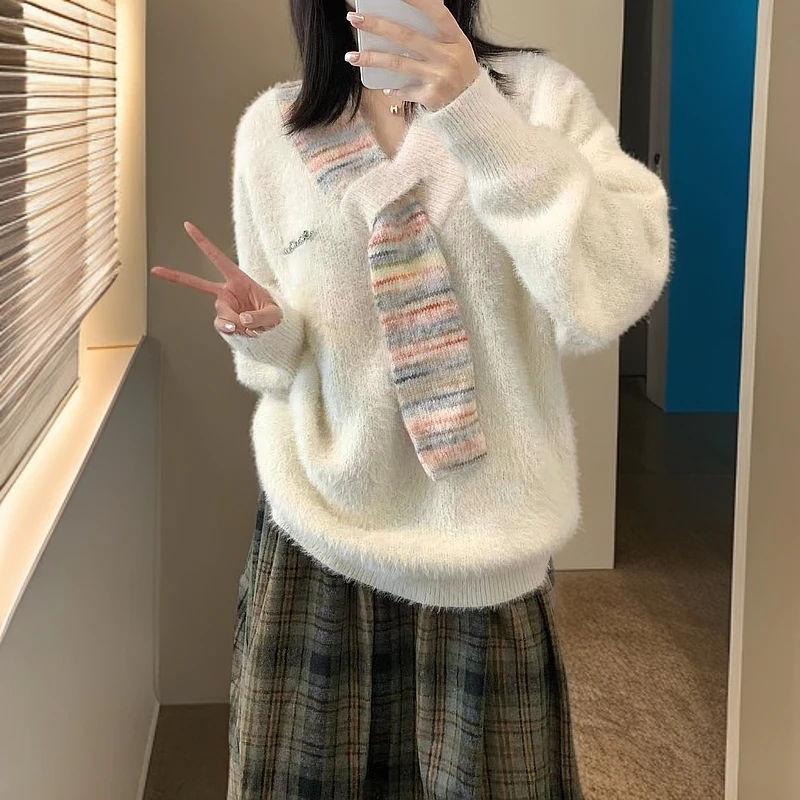 米白色针织衫毛衣女秋冬软糯美式复古慵懒风宽松长袖上衣设计感潮
